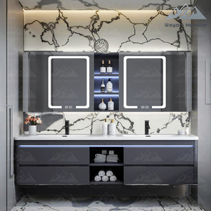 Mobile da <span class=keywords><strong>Bagno</strong></span> Sospeso Moderno Wayon con Doppio Lavabo e Specchiera Contenitore a LED in Compensato Impermeabile Certificato CE Modello WW-YSG - Product Image 6