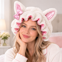 Bonnet de nuit en polaire doux avec oreilles de chat, nœud et volants pour femme – Chapeau de nuit chaud et mignon à motif de dessin animé pour protéger les cheveux à la maison