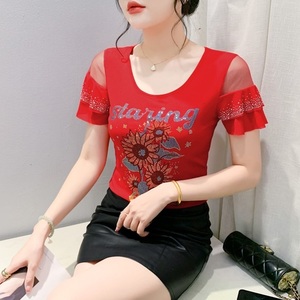 Factory Supply Women's Tee <strong>Tops</strong> Rhinestone <strong>Sunflower</strong> Short Sleeves Custom Pattern Mesh Sleeve T-Shirts for Girls - Product Image 3