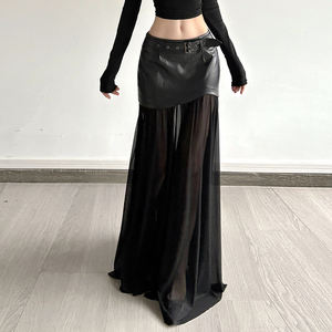 Falda Larga de Mujer Estilo Punk Oscuro con Hebilla Metálica, Parches de Malla y Cuero Sintético, Cintura Regular, Corte en A - Product Image 3