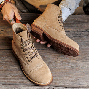 Mens <b>Tan</b> Faux Suede Lace-up Boots Round Toe Rubber Outsole Autumn Style Walking <b>Shoes</b> - Product Image 4