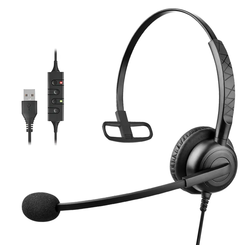 Produk baru Headset telepon Mono berkabel USB Headphone Noise Cancelling dengan mikrofon & kontrol panggilan Inline untuk komunikasi