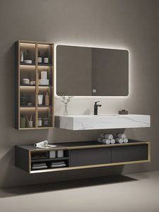 Ensemble de meubles de salle de bain en bois massif moderne OEM, lavabo en céramique, miroir LED mural, table complète, panneau de bureau - Étanche, facile à nettoyer - Product Image 3