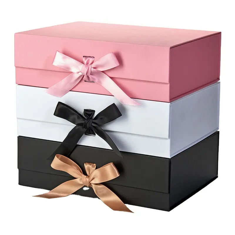 Free Sample Cardboard Folding Luxury White Magnetic Gift Paper Box Custom Logo Collapsible Packaging Boxes With Ribbon
