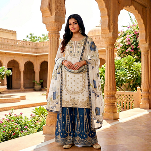 Conjunto de Salwar Kameez Elástico con Bordado Floral Azul y Dupatta, Traje Tradicional Indio para Bodas, Graduaciones, Diwali y Fiestas - Product Image 1