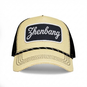 <b>Straw</b> Trucker <b>Hat</b> with Custom Chain Stitch Logo <b>Straw</b>-Weave Embossed Texture Two Tone Lightweight Cap for Summer Outdoor - Product Image 2