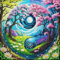 Peinture murale 5D artisanale unique, motif dessin animé, deux arbres roses encadrant un centre tourbillonnant, paysage de jardin, perles, pour anniversaire