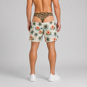 Shorts de plage amusants pour hommes, taille élastique, respirants, en nylon, avec faux string intégré, imprimé léopard, effet double couche, nouveauté pour les vacances d'été - Product Image 1