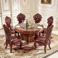 Ensemble de table à manger ronde en bois massif de luxe européen, chaises sculptées avec plateau tournant en verre pour villa, maison, hôtel, vente en gros