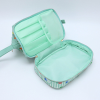 Trousse de Maquillage Personnalisée Double Couche Vert Menthe à Rayures et Pois, Organisateur de Voyage Portable pour Articles de Toilette, Étui Cosmétique avec Dragonne