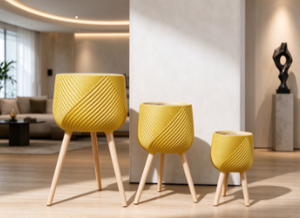 Yellow Rattan Flower <b>Pot</b> Set with Wood Legs Modern Minimalist Indoor Planter for Green Plants 3 Pcs Circular Pattern - Product Image 2