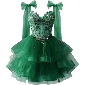 Abito da Ballo Corto in <span class=keywords><strong>Tulle</strong></span> Stratificato <span class=keywords><strong>con</strong></span> Applicazioni in Pizzo Scintillante e Spalline a Fiocco per Adolescenti - Product Image 5
