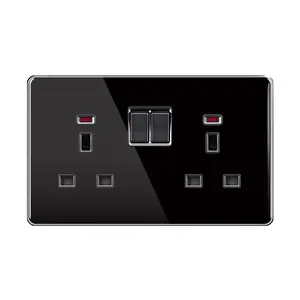 FIKO 147type Black Tempered glass panel 13A Britain square Wall switches and sockets UK Standard with USB+Type-c+light