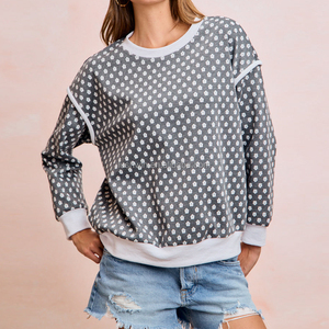 Suéter de Punto para Mujer, Talla Grande, Hombros Caídos, Manga Larga, Estampado Floral Completo, Ribete en Contraste, Otoño Invierno - Product Image 1
