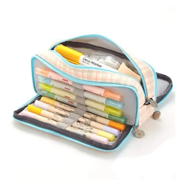 Wholesale cute high-capacity canvas three layers students pen pencil cases