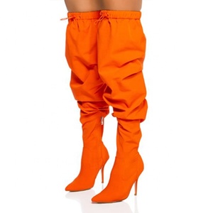 Wide Fit Top Women Orange Over Knee High <b>Boots</b> Side Zipper Stiletto Ladies Pointed Toe Lace up Shoes Thigh High Long Booties - Product Image 2