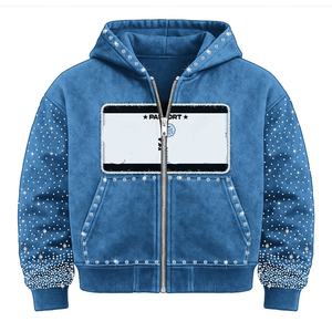 Custom <b>Men's</b> Hoodies Sweatshirts Unisex <b>Black</b> Acid Wash Distressed Applique Embroidery Cotton Terry Rhinestone <b>Zip</b> <b>Up</b> <b>Hoodie</b> - Product Image 3