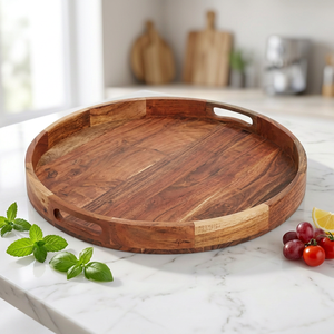 Plateau de service rond en bois d'acacia naturel fait à la main pour la maison, la cuisine, les restaurants, la décoration de mariage, le petit-déjeuner, les plats - Product Image 1