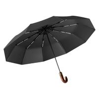Parapluie publicitaire moderne entièrement automatique à trois volets, 10 baleines, imperméable, résistant au vent, avec poignée en bois massif et lettrage gravé en fibre d'acier