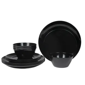 Set vajilla negra shiny design dinner set black colour, solid black custom print plastic melamine dinnerware sets