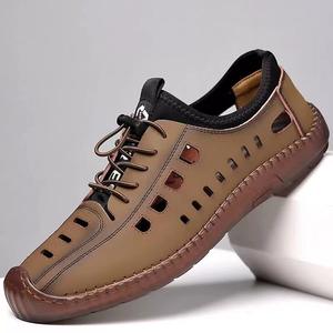 Summer <b>Mens</b> High Top Outdoor <b>Leather</b> Shoes Soft Soles Lightweight Breathable Non-slip Wear Resistant Hollow Hole - Product Image 2