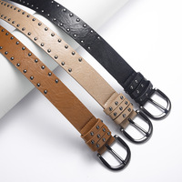 Production Personnalisée – Jean Femme Style Rétro Vintage à Double Rangée de Rivets et Boucle Ardillon, en Cuir PU Noir Tendance et Alliage