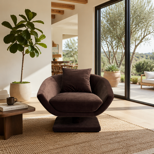 <span class=keywords><strong>Fauteuil</strong></span> <span class=keywords><strong>pivotant</strong></span> esthétique en velours marron chocolat, avec assise sculpturale en forme de coquille et base sur piétement, pour salon d'appartement moderne - Product Image 1