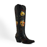 Bottes Western à Bout Pointu et Cloutées pour Femme, Imprimé 3D Citrouille, Bottes de Cowboy pour Halloween - Distribution Usine WETKISS