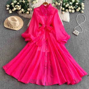 Abito Lungo da Donna Autunno 2025, Stile <span class=keywords><strong>Palazzo</strong></span>, Colletto a Risvolto, Monopetto, con Cintura in Vita e Maniche a Lanterna - Product Image 3