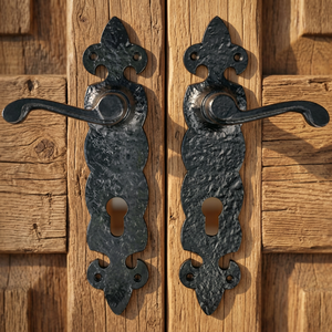 Poignée de porte traditionnelle en fer noir avec plaque, profil européen 85 mm, design d'entrée ambidextre - Product Image 2