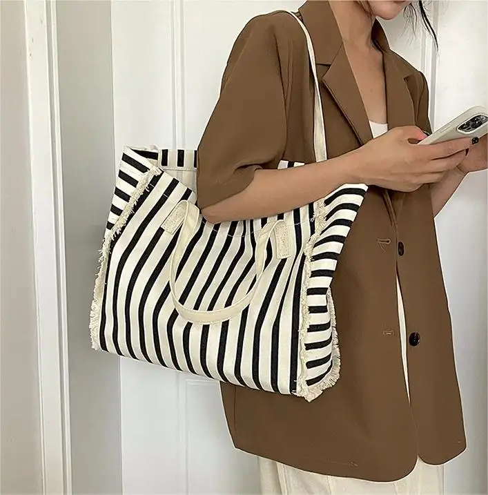 New Style Reusable Grocery Large Capacity Stripe Cotton Canvas Tote Bag