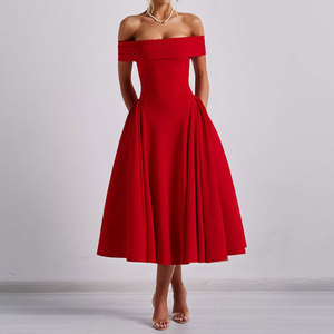 Robe pour femme printemps, couleur unie, élégante, <span class=keywords><strong>tube</strong></span> top, robe à une épaule, <span class=keywords><strong>jupe</strong></span> <span class=keywords><strong>mi</strong></span>-<span class=keywords><strong>longue</strong></span>, <span class=keywords><strong>jupe</strong></span> trapèze - Product Image 2