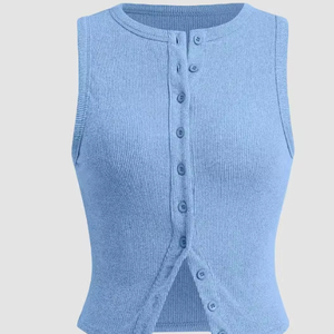 Cárdigan de Punto Acanalado con Botones para Mujer, Frente Abierto, Cuello en V, Rayas, Poliéster/Algodón, Elegante, Invierno, Sin Mangas, Básico, Estilo Y2K Vintage - Product Image 1