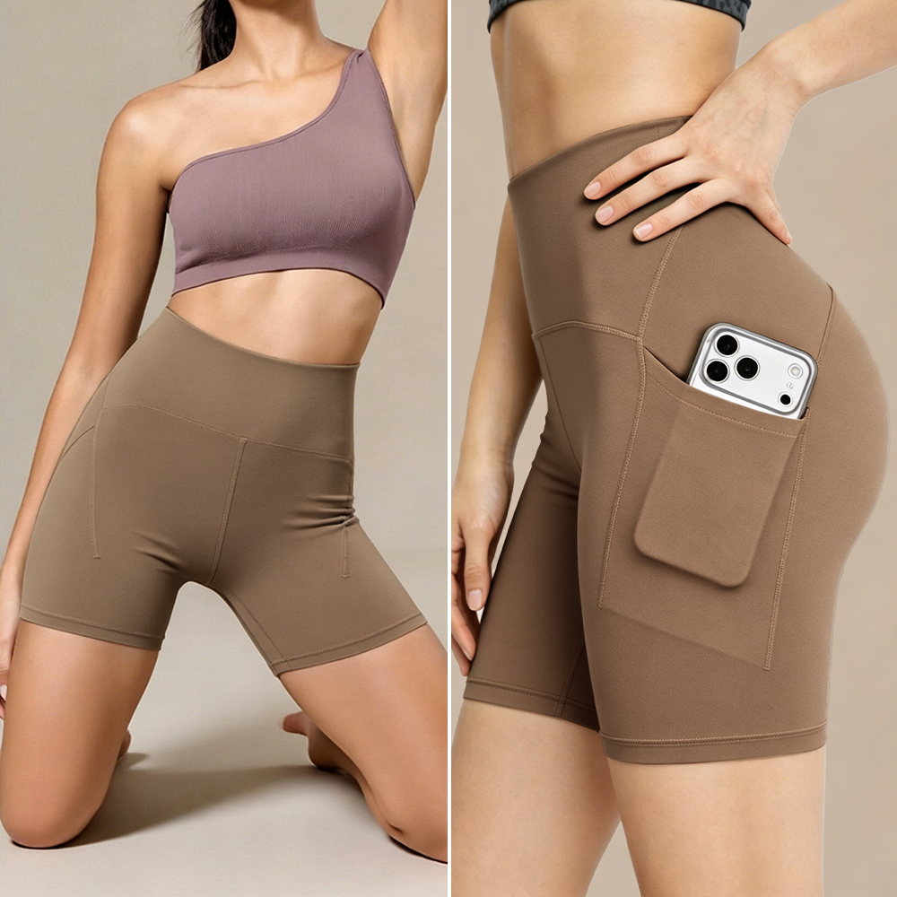 High Waist Elastic Yoga Biker Shorts Women Nylon Spandex Moisture Wicking Breathable Side Pocket Gym Moonwell