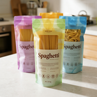 Sachet Doypack en plastique Mylar avec fenêtre, imprimé sur mesure, résistant à l'humidité, pour nouilles, spaghetti, pâtes, chewing-gum et aliments pour animaux de compagnie