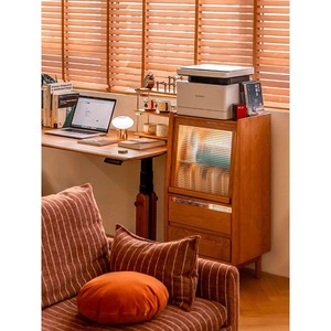 Solid Wood Side <b>Cabinet</b> 3 Compartments Storage Living Room <b>Cabinet</b> Cherry Color <b>Pine</b> Wood - Product Image 2