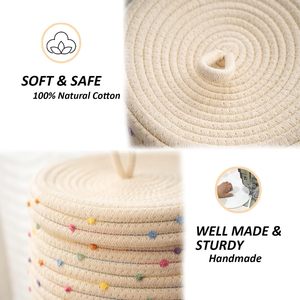 Woven Storage <b>Basket</b> With Lid Round Beige With Dots Handmade For Toys And Snacks Organizer - Product Image 3