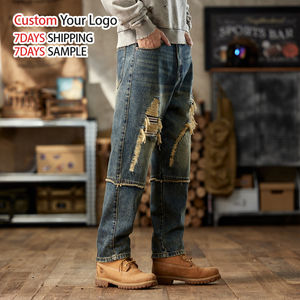Pantalones Vaqueros de Mezclilla Anchos de Corte Recto Estilo Vintage Personalizados, Pantalones Holgados de Alta Calidad para Hombre, Diseño Desgastado y Roto - Product Image 3