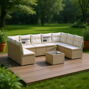 Conjunto de Sofás de Jardín de Ratán PE Beige, Muebles Modulares para Exteriores, Diseño Contemporáneo, Cojines de Espuma de Alta Densidad - Product Image 2