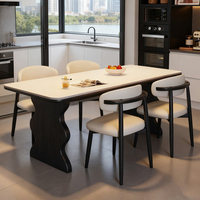 Ensemble de table à manger rectangulaire moderne en pierre frittée avec chaises à dossier en corne et base ondulée noire, meubles de salle à manger pour la maison