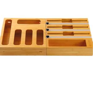 Calmbie Bamboo Food Wrap Dispenser Storage Box For <b>Plastic</b> Foil And Zipper Bags Kitchen <b>Drawer</b> <b>Organizer</b> Rectangle Wood Grain - Product Image 3