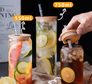 Nuevos vasos de vidrio transparentes de 16 oz con forma de lata para bebidas, tipo Mason Jar, sin BPA, con tapas de bambú y pajitas - Product Image 4