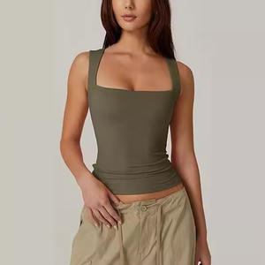 2025 para <span class=keywords><strong>Amazon</strong></span> Summer Collection, camiseta informal sin mangas con cuello cuadrado para <span class=keywords><strong>mujer</strong></span>, chaleco de doble capa, Camiseta corta ajustada básica de punto - Product Image 2