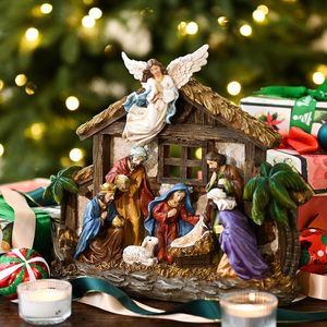 Statuine del Presepe di Natale Valery Madelyn con Luci LED, Set Sacra Famiglia in Resina Rossa e Oro per Interni, Casa, Tavolo/Camino - Product Image 2