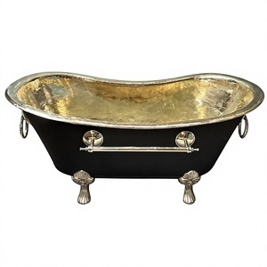 Bañera Ovalada Antigua Independiente con Patas Plateadas y Interior Dorado, Bañera de Metal Resistente para Adultos, Hecha a Mano en Cobre - Product Image 1