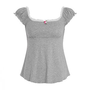 Camiseta Casual Básica de Verano, Transpirable, Tejida, Ecológica, Cuello Cuadrado, Cintura Alta, Corte Ajustado, Manga Corta, en Color Sólido - Product Image 6