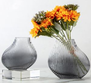 European Oblate Gradient Vertical Stripes Hand-blown <b>Glass</b> Vase Ins Style Decoration Creative Living Room Flower Arranger - Product Image 6