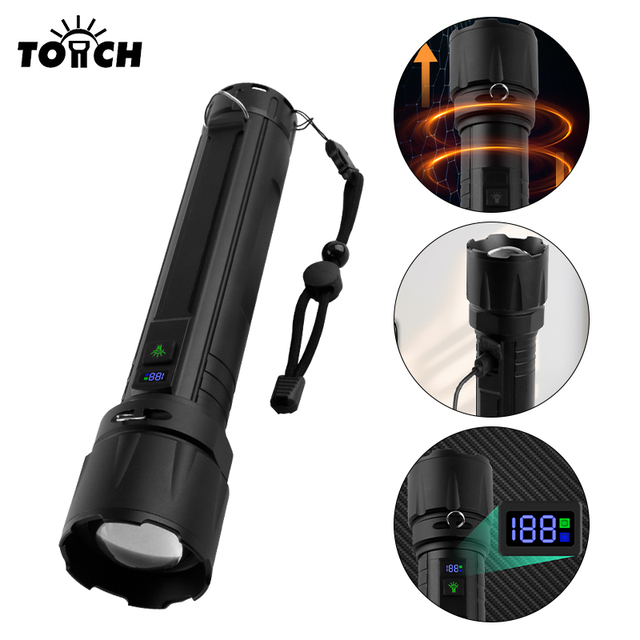 White Laser LED Flashlight 1200LM 9000mAh Power Bank Type-C IP65 Waterproof Zoomable Tactical Torch for Camping