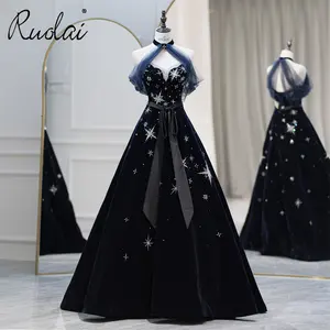 Ruolai LDC6613 Vintage Velvet Christmas Evening Party Dress V-neck Beading Evening Gown with Choker