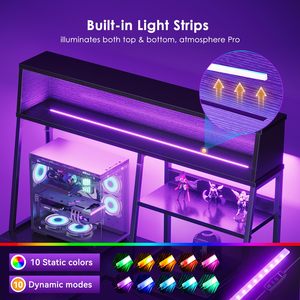 Bureau de jeu moderne en métal avec étagères de rangement et éclairage LED, finition noire, table de travail multifonctionnelle pour ordinateur - Product Image 4